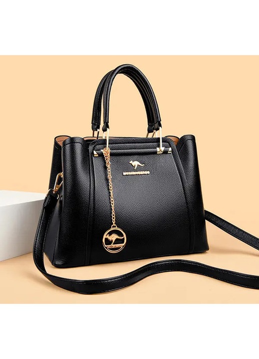 Női műbőr (PU) tote táska, válltáska és crossbody táska, puha, cipzárral és állítható pánttal, fém rátéttel, fekete