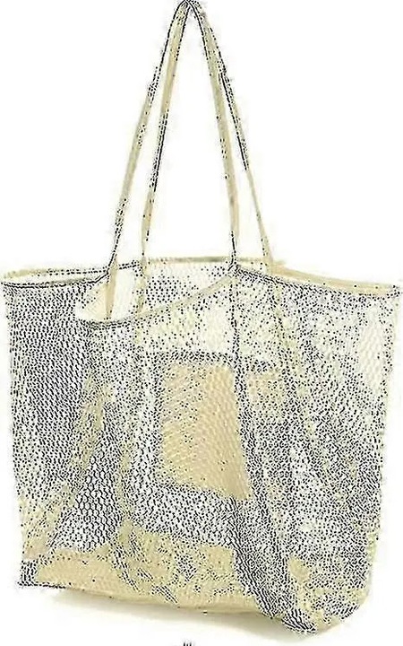 Hálós strandtáska/bevásárlótáska, nylon és poliészter, záródás nélkül, poliészter bélés, pántok 11,8 cm, bézs