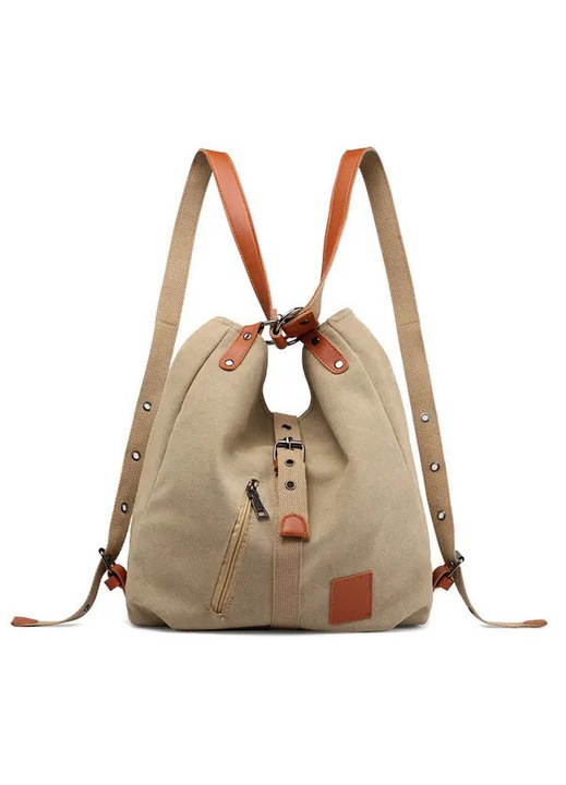Vászon és poliészter átalakítható tote táska/hátizsák, multifunkcionális több zsebbel és lapos fogantyúval, khaki, 32x11x35 cm