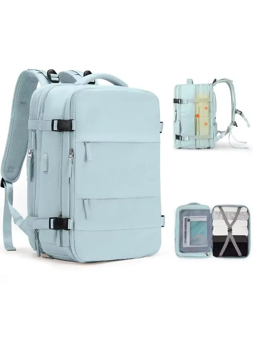 Rucsac de calatorie pentru femei, poliester rezistent la apa, cu compartiment pentru laptop 14 inch, port USB incorporat, albastru deschis