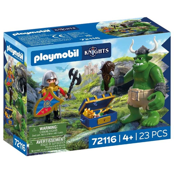 Комплект играчки Playmobil 72116, дуел рицар с трол, сандък със съкровища и аксесоари, Многоцветен, 23 части