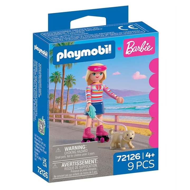 Playmobil Barbie Malibu figura görkorcsolyával és Taffy kutyával, kiegészítőkkel, sokszínű, 10x15x5cm
