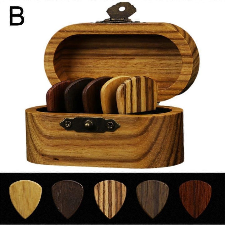 Set 5 bucati pene din lemn pentru chitara si ukulele, artizanale, grosime 2.5mm, cutie portabila din lemn, Multicolor