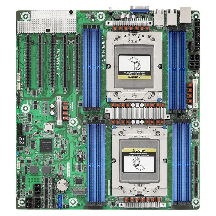 Дънна платка ASRock TURIN2D16-2T, двоен SP5 за AMD EPYC 9004/9005, 16 x DIMM, 2 x MCIO, до 16 x SATA, 1 x M.2, 2 x 10GbE, IPMI, EEB, Зелен