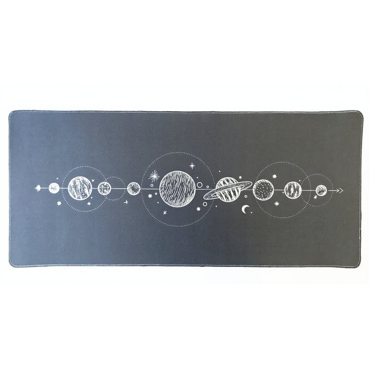 Mousepad gaming Solar System 90x40 cm, 4mm grosime, design colorat, cusaturi pentru rezistenta crescuta, anti-derapant, impermeabil, diferite modele