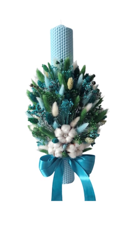 Lumanare botez baiat, decorata cu flori naturale uscate si bumbac, albastru/verde, 35 cm