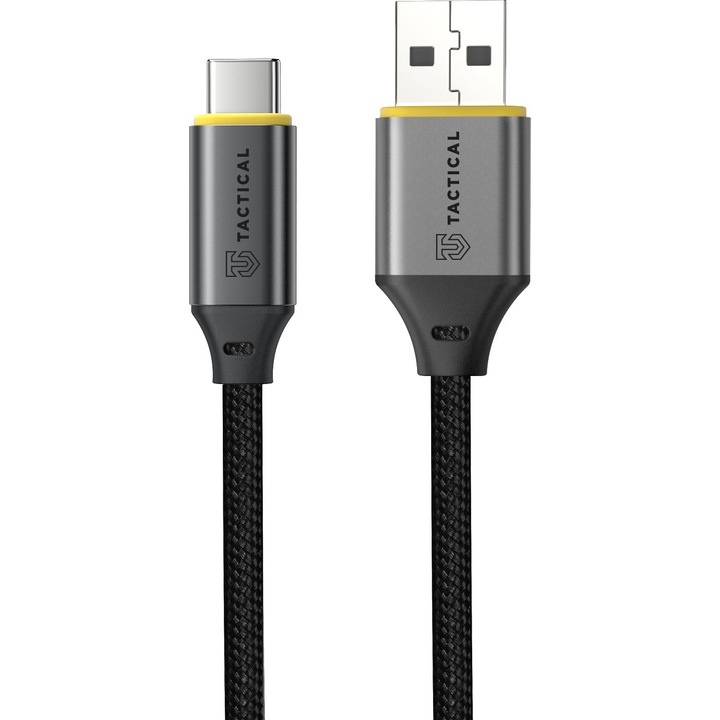 Cablu de incarcare si date USB-A la USB-C Tactical Fast Rope 2.0, fibra aramida, 100W incarcare rapida, transfer 10Gbps (USB 3.1), conectori metalici, Negru, 2 m