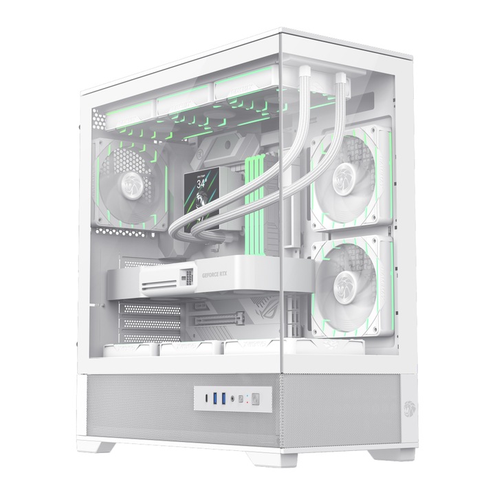 Carcasa PC Gamemax, mid-tower edzett üveg oldallappal, 6 db ARGB ventilátorral, mesh előlappal, ATX/mATX/ITX kompatibilis, Fehér