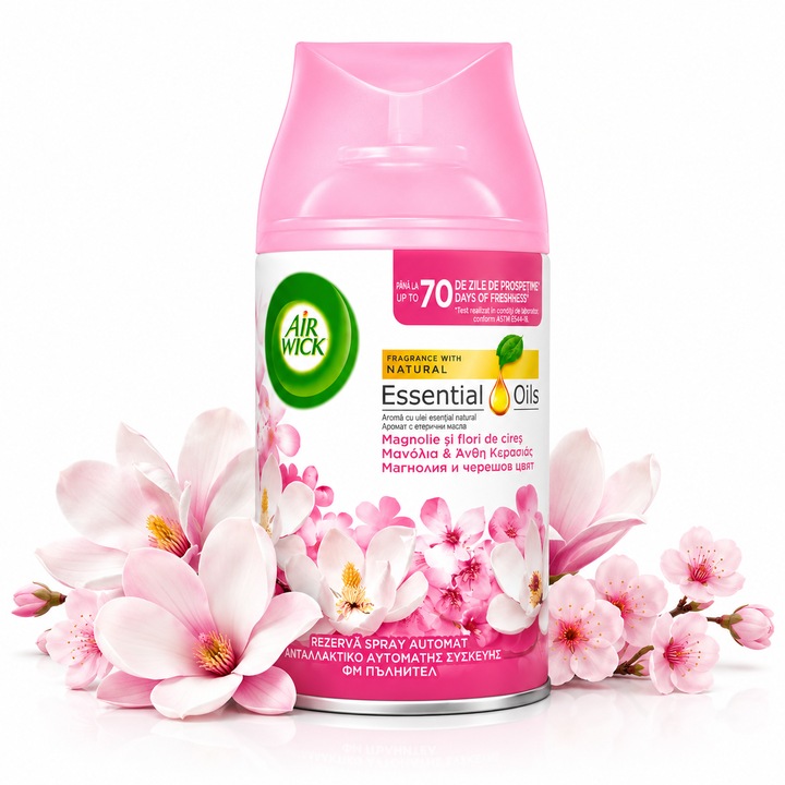 Air Wick® Essential Oils Magnólia és Cseresznyevirág automata légfrissítő utántöltő, spray utántöltő, 250 ml