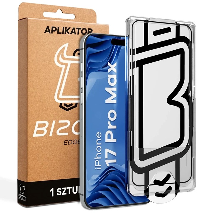 Folie sticla securizata Bizon Glass Aplikator Edge, Kit montare inclus, compatibila cu iPhone 17 Pro Max, Negru
