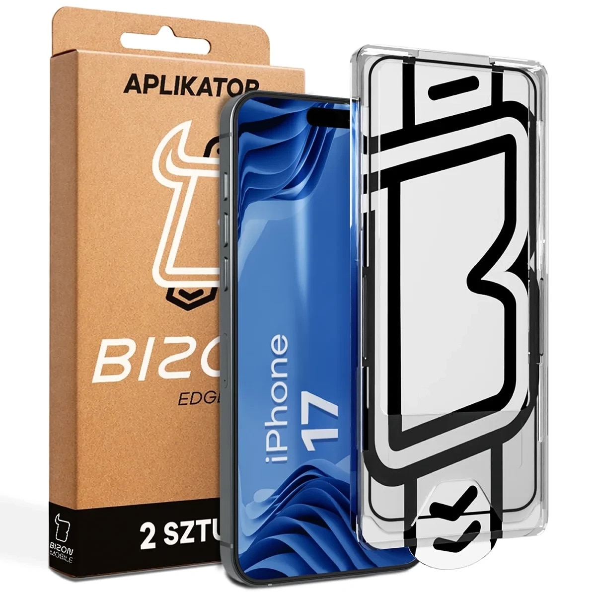 Set 2 folii sticla securizata Bizon Glass Aplikator Edge, Kit montare inclus, compatibile cu iPhone 17, Negru
