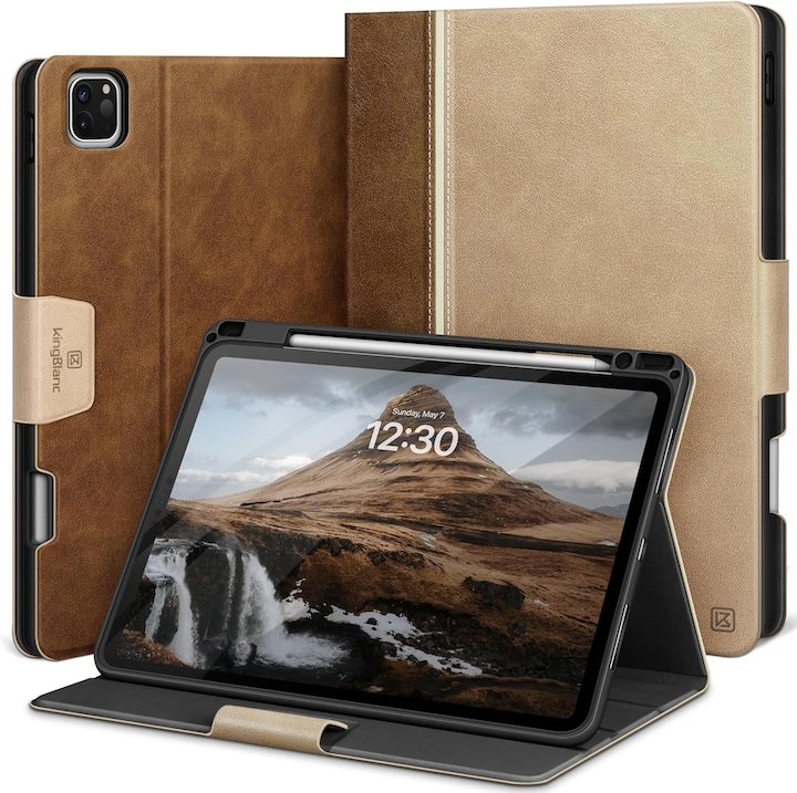Husă tabletă KingBlanc pentru iPad Pro 13 inch, piele ecologică, kaki/camel