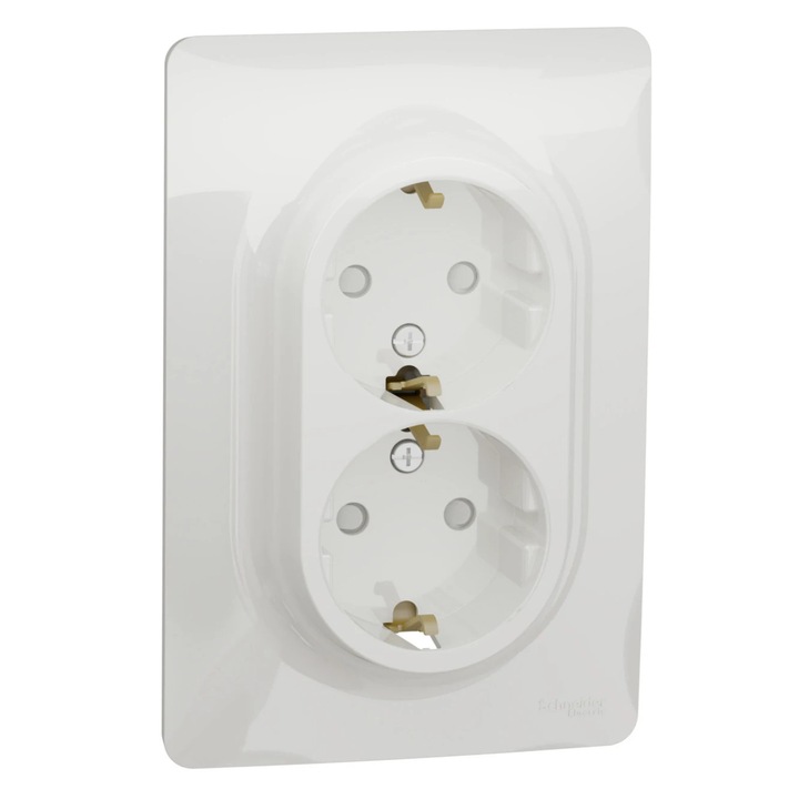 Priza dubla Schneider Electric NU206718, incastrat, contact de protectie, protectie copii, rama inclusa, 2P+E, 16A, alb