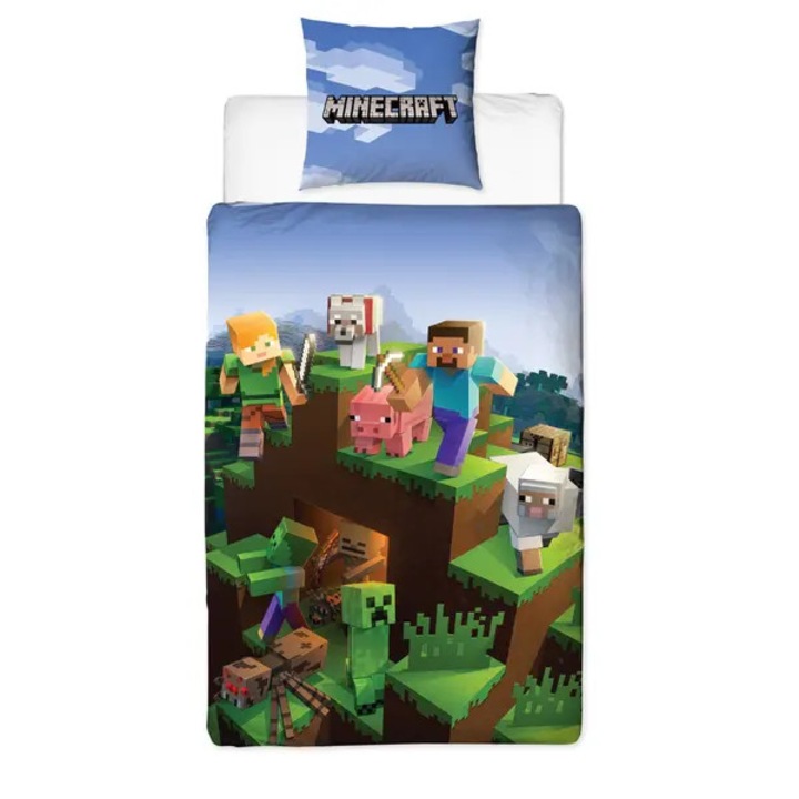 Minecraft ágynemű garnitúra, paplanhuzat és párnahuzat, 100% pamut, kétoldalas nyomtatás, többszínű, 2 részes szett, 150x210 cm + 50x60 cm