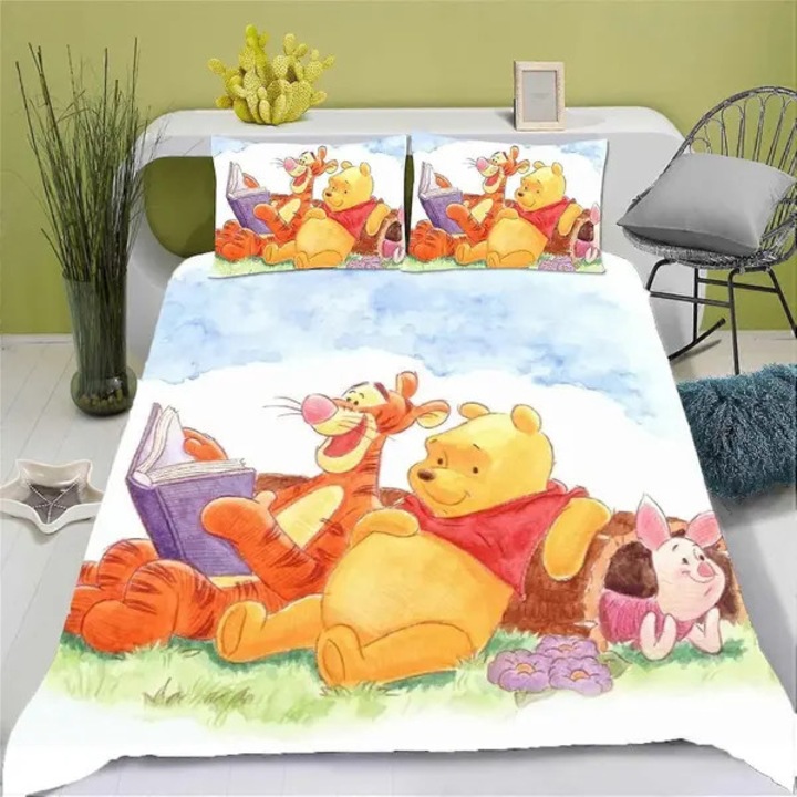 3 részes szett, Winnie the Pooh paplanhuzat és párnahuzatok, szuper mikroszálas, megfordítható, rejtett cipzár, többszínű, 200x200 cm, 2 x 48x75 cm