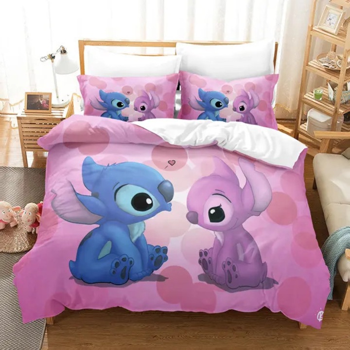 3 részes ágyneműhuzat garnitúra, paplan- és párnahuzatok, 3D digitális nyomtatás Stitch karakterrel, 100% poliészter mikroszálas, rózsaszín/kék, paplanhuzat 135x200 cm, 2 db párnahuzat 50x75 cm