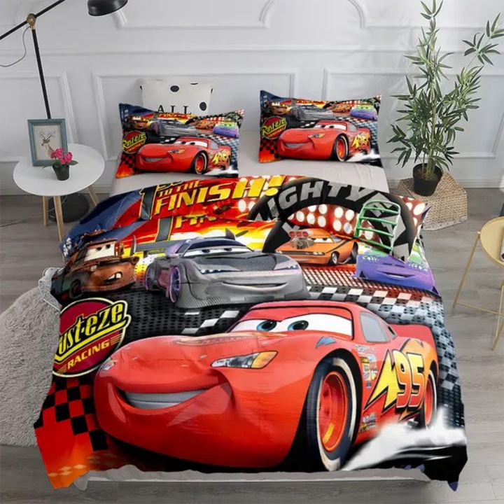 Digitális nyomtatású ágyneműhuzat garnitúra rajzfilmes autókkal, szuper mikroszálas, láthatatlan cipzárral, Többszínű, 1 paplanhuzat 135x200 cm + 1 párnahuzat 48x75 cm