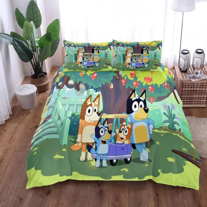 Bluey paplanhuzat szett Set-08, 3D nyomtatás, puha anyag, rejtett hurkokkal a záráshoz, többszínű, 200x200cm, 2 részes