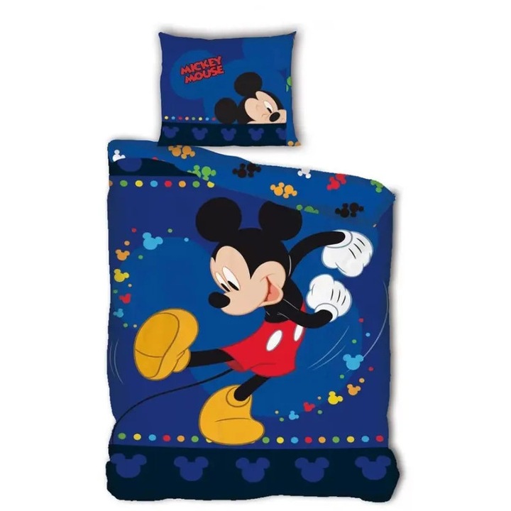 Disney Mickey Mouse ágyneműhuzat szett, 100% poliészter mikroszálas, paplanhuzat 140x200 cm és párnahuzat 63x63 cm, színes Mickey mintával, könnyen kezelhető, kék