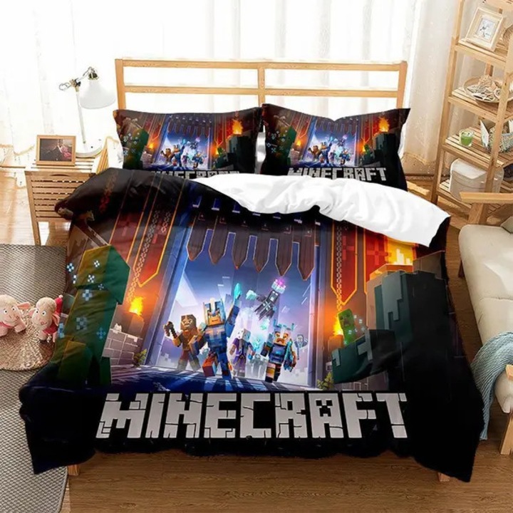 Minecraft 3 részes ágynemű garnitúra, paplanhuzat és 2 párnahuzat, poliészter, nyomott és bolyhosított, Többszínű, 180x200 cm