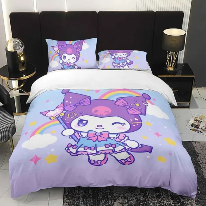 3 részes szett, Kuromi Rainbow ágynemű, 100% poliészter, Kuromi digitális nyomtatás, cipzárral, Lila/Többszínű, 1 paplanhuzat + 2 párnahuzat