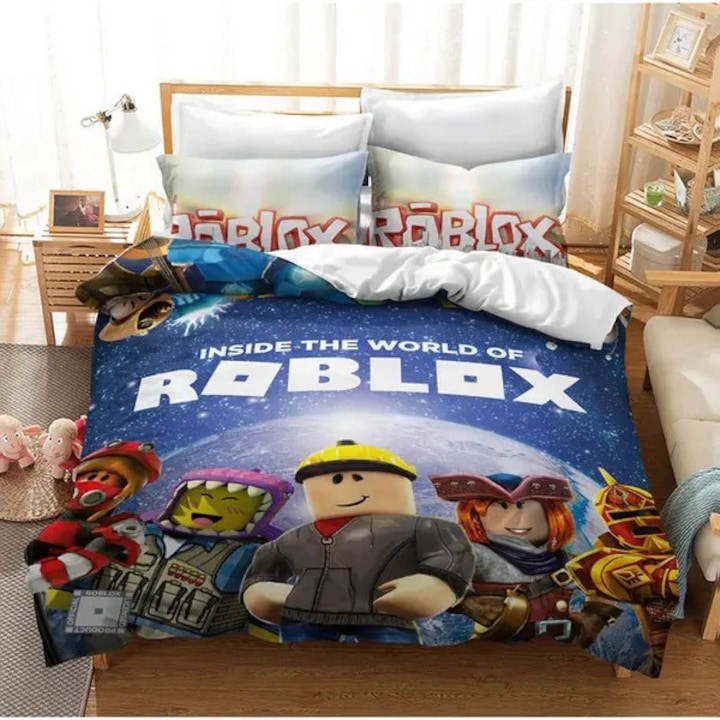 Set husa pilota si fata de perna din microfibra cu imprimeu Roblox, fermoar ascuns, multicolor, 135x200 cm (huska) + 48x75 cm