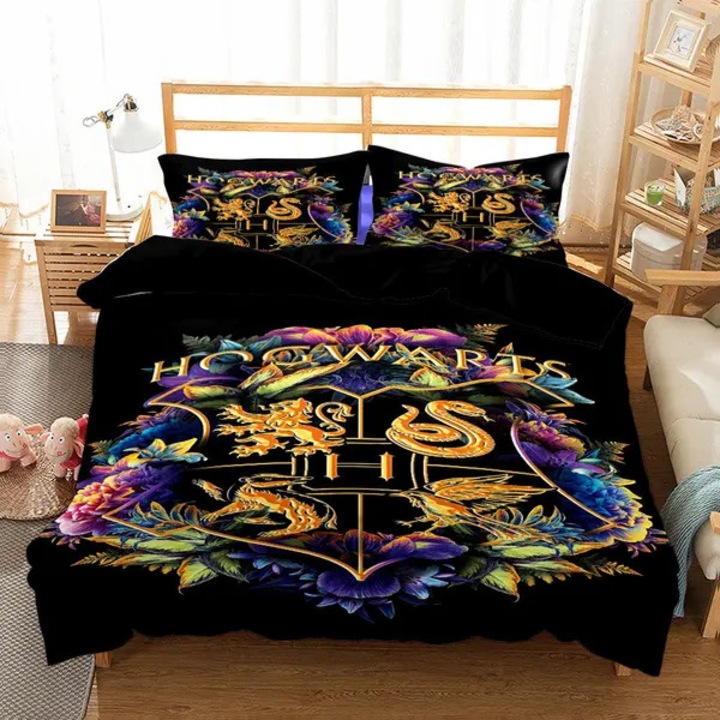 Harry Potter School of Magic paplanhuzat és párnahuzat szett, 3D digitális nyomtatás, puha és kényelmes anyag, fekete/többszínű, 3 részes, 220x240 cm