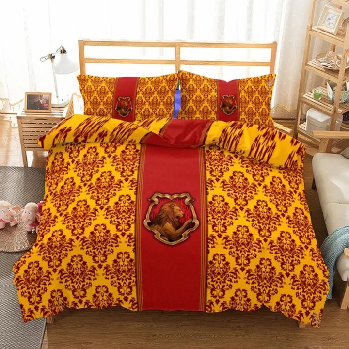 Harry Potter Gryffindor 828 paplanhuzat és párnahuzat szett, 3D digitális nyomtatás, puha és kényelmes anyag, belső hurkokkal a rögzítéshez, sárga/piros, Single 135x200 cm, 1 paplanhuzat + 1 párnahuzat