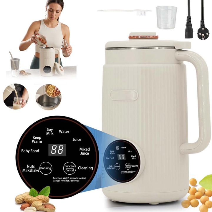 Aparat multifunctional pentru preparat lapte vegetal Blender, 8-in-1, capacitate 1200ml, Incalzire 800, cu 12 lame inox, functie curatare automata si temporizare 1-12 ore, Vas Inox 304 Izolant, blender pentru suc, piure de bebelusi si shake