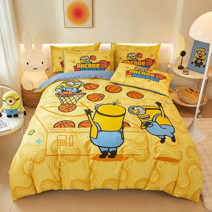 Minions Basketball paplanhuzat és párnahuzat szett, 3D nyomtatott pamutból, puha anyag, rejtett hurkokkal a rögzítéshez, sárga, 200x230 cm, 1 paplanhuzat + 2 párnahuzat