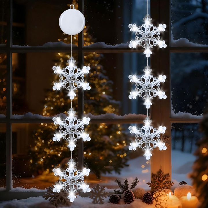 Shengruili LED karácsonyi dekorációs lámpák, hópelyhek, 2 darabos szett, elemes, tapadókoronggal, ablakra