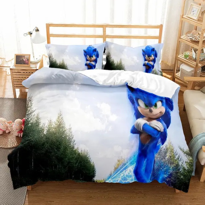 Villám Sonic nyomtatott paplanhuzat és párnahuzat szett, puha 3D nyomtatott anyag, belső hurkokkal a rögzítéshez, Többszínű, 200x200 cm, 2 darab