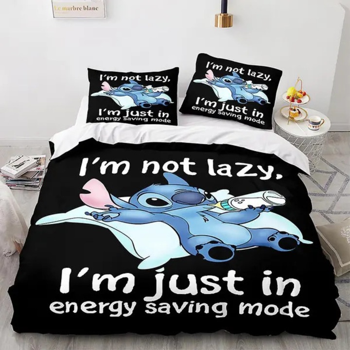 Stitch 3D nyomtatott ágyneműgarnitúra, 100% poliészter, légáteresztő és puha, gyűrődés- és bolyhosodásgátló, rejtett cipzár és csúszásgátló sarkok, Fekete, 1 paplanhuzat 140x210 cm, 1 párnahuzat 50x75 cm