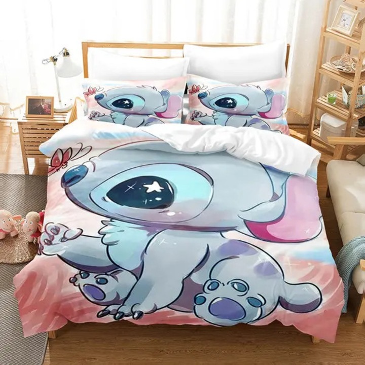 3 részes ágyneműhuzat garnitúra, Stitch Star és Baby, paplanhuzat 135x200, párnahuzatok 50x75 (2 db), 100% poliészter mikroszálas, 3D nyomtatás, rejtett cipzár és csúszásgátló pántok a sarkokon, Többszínű