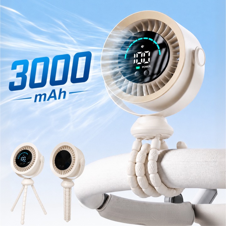 Ventilator portabil Silentios, Baterie 3000 mAh, Ultra-Compact, Trepied in stil caracatita cu picioare flexibile, Reglaj rapid, Afisaj Digital, USB-C, Bej, EL02-B