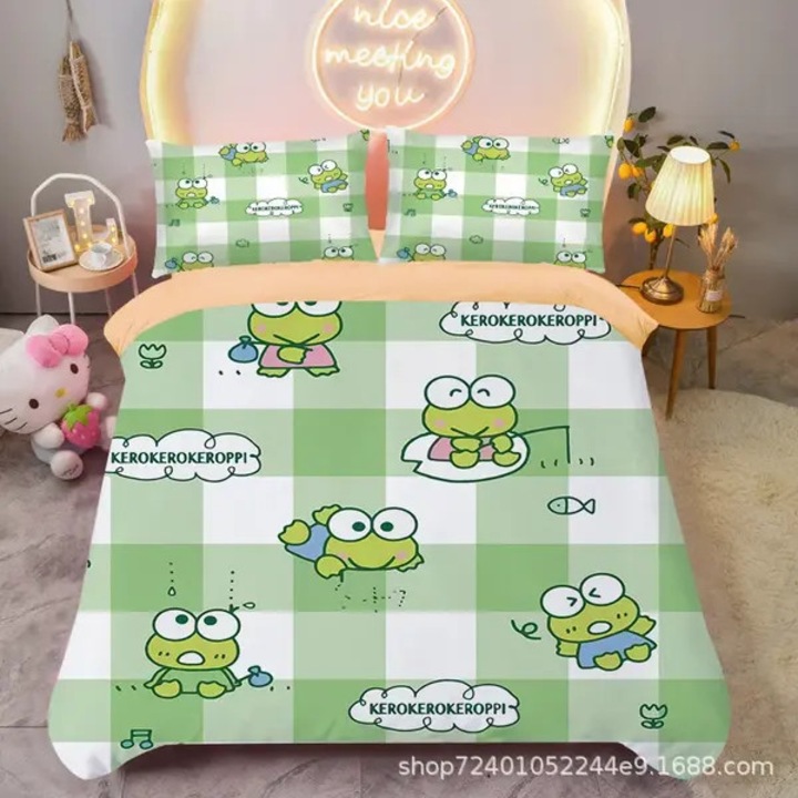 Set lenjerie pat King size, Kawaii Keroppi, bumbac poliester, multicolor, 264x228cm