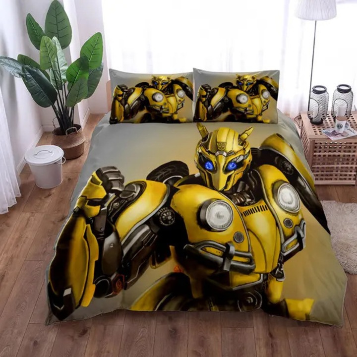 Set lenjerie de pat pentru copii, husa pilota si fata de perna, imprimare digitala cu bondarul, microfibra superioara, fermoar invizibil, Galben, 3 piese, Single 135x200 cm
