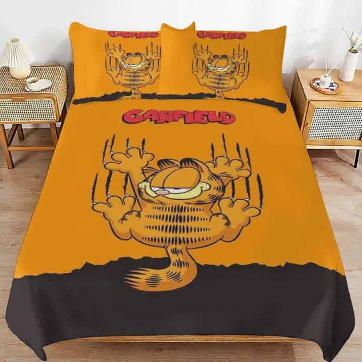 Garfield 3 részes paplanhuzat szett, 3D nyomtatott mikroszálas, könnyű és légáteresztő, fém cipzárral, narancssárga/fekete, 135x200 cm, 1 paplanhuzat + 2 párnahuzat