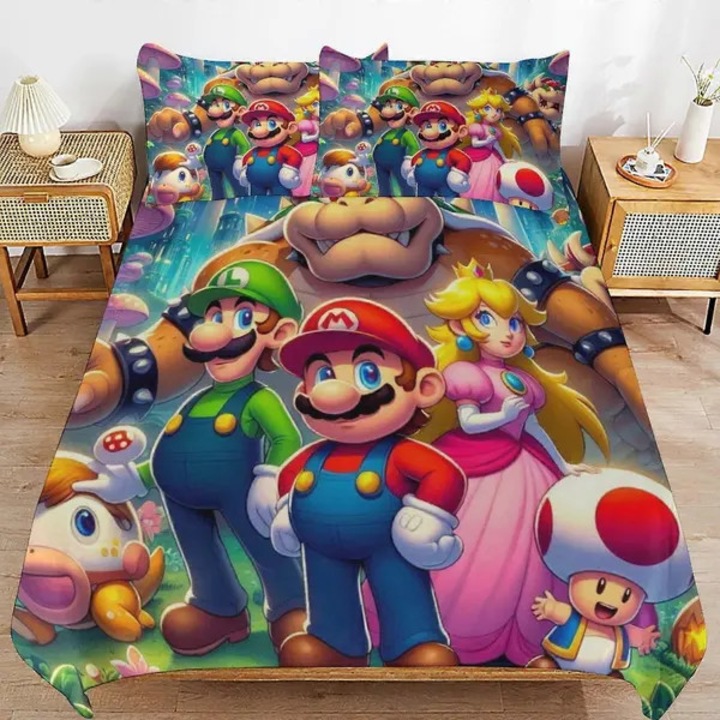 Mikroszálas paplanhuzat, 3 részes szett, Super Mario, kék, 135x200cm