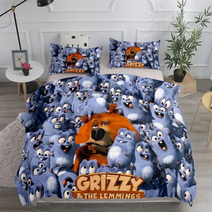3 részes ágynemű garnitúra, Grizzy & the Lemmings, 3D karakteres nyomtatás, puha és tartós anyag, többszínű, egyszemélyes 135x200cm (paplanhuzat 135x200cm, párnahuzat 50x75cm)