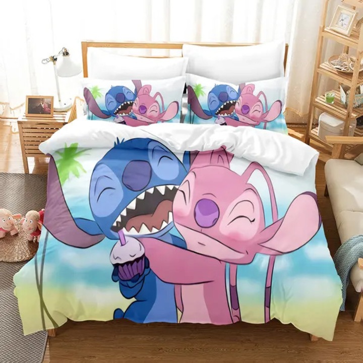 3 részes szett, paplanhuzat 135x200 2 db párnahuzattal 50x75, 100% poliészter mikroszálas, 3D nyomtatás Stitch karakterrel, többszínű
