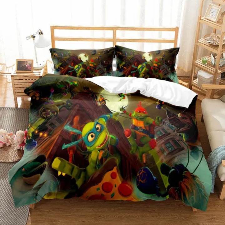 Set lenjerie de pat 3 piese, Ninja Turtles, microfibra super, imprimeu digital clasic pentru copii, fermoar invizibil, rezistent la decolorare, Multicolor, Single 135x200 cm, Perna 48x75 cm