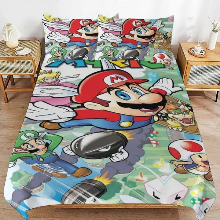 3 részes szett, Super Mario x249 paplanhuzat és párnahuzatok, mikroszálas 105g, 3D nyomtatás, Többszínű, 240x260 cm, 1 paplanhuzat + 2 párnahuzat
