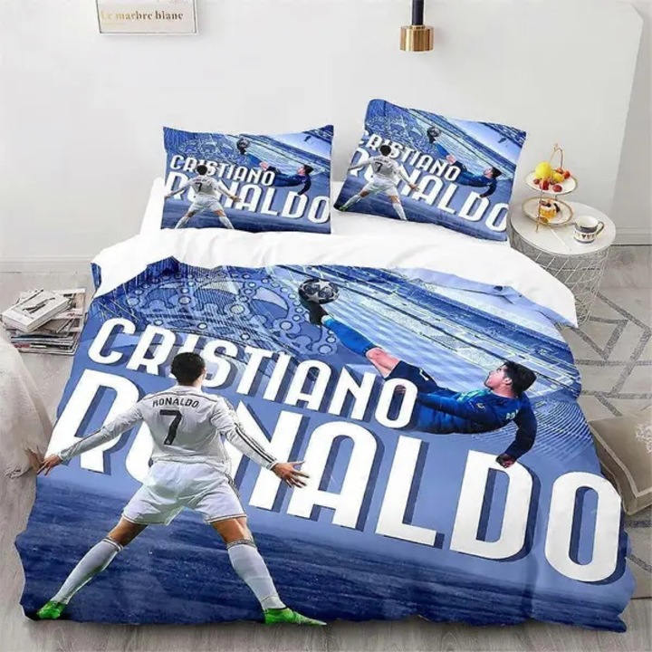 Ágyneműhuzat szett / paplanhuzat XU471 Football CR7, 3 részes, ultrafinom mikroszálas, Cristiano Ronaldo nyomattal, rejtett cipzárral, kék/fehér, 135x200/200x200/220x240 cm
