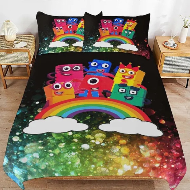 Numberblocks 3 részes paplanhuzat szett x469, mikroszálas 105g, 3D nyomtatás, könnyű és légáteresztő, rejtett fém cipzár, többszínű, 135x200 cm, 2 db párnahuzat 53x78 cm