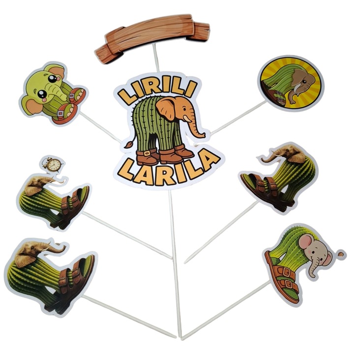 Decoratiune topper tort carton, tematica Lirili Larila, Brainroturi, aniversare - 8 piese