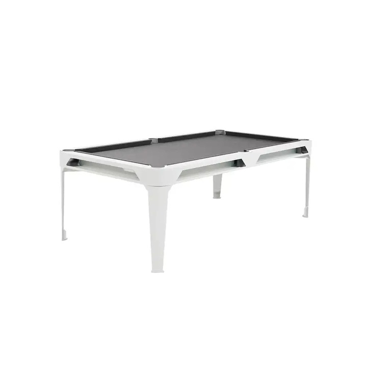 Masa de biliard pentru interior/exterio Cornilleau, Hyphen, 215x120 cm, suprafata de joc impermeabila, inaltime ajustabila, finisaj laminat, design elegant, accesorii incluse, fabricat in Franta, postav gri deschis/alb