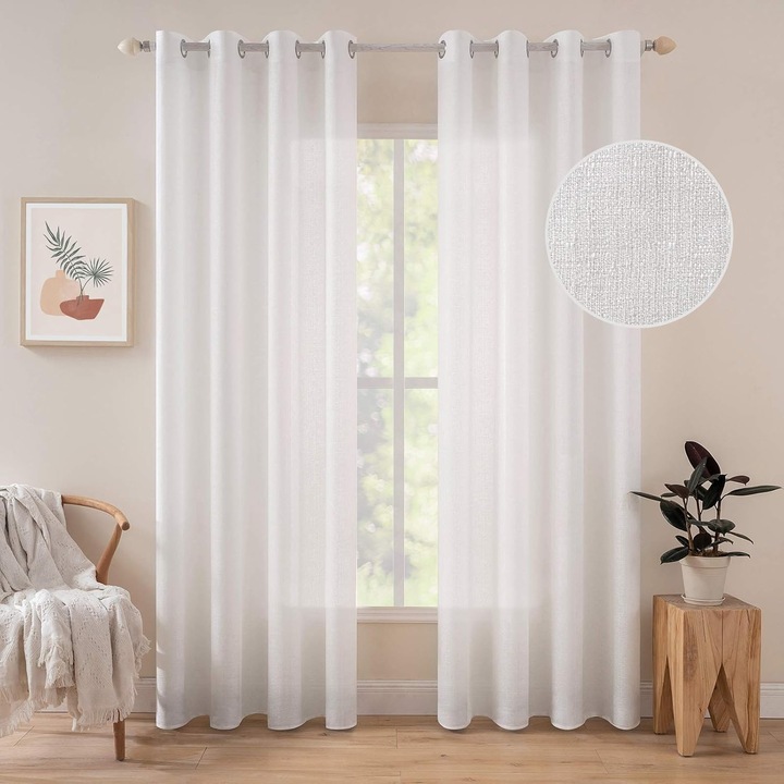 Függönyök, MIULEE, félig átlátszó dekoratív, 140 x 225 cm, 2 db, fehér, fémgyűrűs, 100% poliészter, utánzat