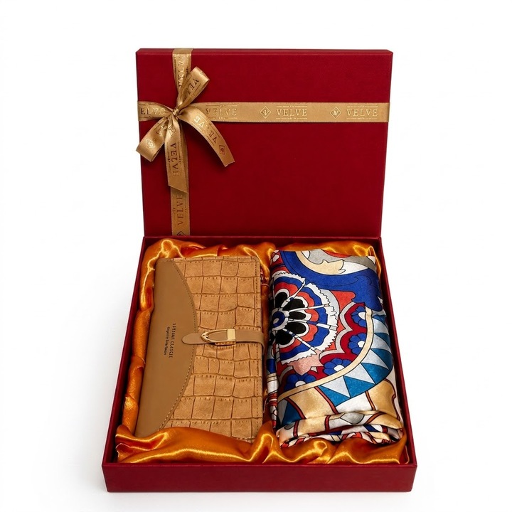 Set premium dama Amber Edition, cu portofel din piele eco textura crocodil bej si esarfa satinata imperiala, in cutie eleganta VELVE