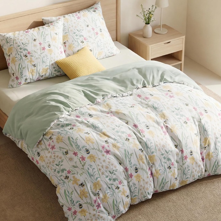 Bedsure 3 részes ágyneműhuzat garnitúra, 220 x 240 cm, zöld virágmintás, kétoldalas, poliészter mikroszálas, cipzáras, 8 belső sarokpánt, puha, légáteresztő, Oeko-Tex Standard tanúsítvánnyal